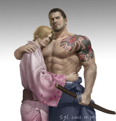 Rule 34 | 2boys, abs, arm tattoo, artist name, bara, black hair, black kimono, brown hair, chris redfield, closed mouth, dated, facial hair, highres, holding, holding weapon, japanese clothes, kimono, large pectorals, leon s. kennedy, male focus, multiple boys, muscular, muscular male, nipples, official alternate costume, pectorals, pink kimono, resident evil, resident evil 6, sgl08, short hair, tattoo, weapon, yaoi