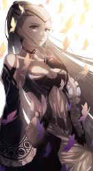 Rule 34 | 1girl, black choker, black dress, black gloves, breasts, bug, butterfly, choker, cleavage, closed mouth, collarbone, dress, earrings, eir (fire emblem), fire emblem, fire emblem heroes, gloves, grey eyes, grey hair, hair ornament, hair ribbon, hand on own chest, headgear, highres, insect, jewelry, long hair, looking at viewer, medium breasts, multicolored clothes, multicolored dress, nintendo, ponytail, purple butterfly, ribbon, solo, ume ryou, very long hair, white dress, yellow butterfly