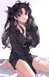 Rule 34 | 1girl, ahoge, bad id, bad twitter id, bare legs, barefoot, bed sheet, between legs, black hair, black shirt, blue eyes, bow, breasts, closed mouth, collarbone, commentary request, fate/stay night, fate (series), hair bow, hair ribbon, hand between legs, hand in own hair, hand up, highres, long hair, long legs, long sleeves, looking at viewer, medium breasts, oversized clothes, ribbon, shimatori (sanyyyy), shirt, sitting, sleeves past fingers, sleeves past wrists, smile, solo, thighhighs, tohsaka rin, two side up, wariza, white background