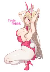 Rule 34 | 1girl, absurdres, animal ears, arms up, bare shoulders, blonde hair, blush, bow, bowtie, breasts, cleavage, detached collar, fake animal ears, fake tail, goddess of victory: nikke, high heels, highres, horns, large breasts, leotard, long hair, looking at viewer, open mouth, pantyhose, pink eyes, pink horns, pink leotard, playboy bunny, rabbit ears, rabbit pose, rabbit tail, smile, solo, squatting, tail, thighs, viper (nikke), viper (toxic rabbit) (nikke), white background, white pantyhose, whoosaku, wrist cuffs