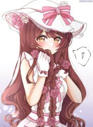 Rule 34 | 1girl, blush, bow, braid, breasts, brown hair, commentary request, covering face, dress, dress bow, embarrassed, flower, glove bow, gloves, gradient background, hair between eyes, hair flower, hair ornament, hand in own hair, hand on own chest, hat, hat bow, hat flower, highres, holding, holding hair, idolmaster, idolmaster shiny colors, light particles, long hair, looking at viewer, medium breasts, nervous, osaki tenka, pink bow, sleeveless, sleeveless dress, solo, spoken sweatdrop, striped, striped bow, sun hat, sweatdrop, twin braids, white dress, white hat, white stripes, yellow eyes, yukiwanabiku