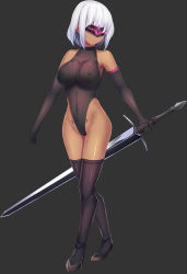 Rule 34 | 1girl, armpits, bare shoulders, black background, black leotard, boots, breasts, closed mouth, covered navel, daiaru, dark-skinned female, dark skin, elbow gloves, feet, female focus, full body, gloves, head tilt, high heel boots, high heels, holding, holding sword, holding weapon, large breasts, legs, leotard, nipples, original, pubic tattoo, see-through, senhime bad ending after, short hair, simple background, solo, standing, sword, tattoo, thigh boots, thighhighs, thighs, visor, weapon, white hair