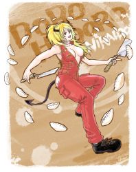 Rule 34 | 1girl, alternate eye color, blonde hair, boots, breasts, character name, copyright name, demon horns, demon tail, dorohedoro, food, horns, long hair, medium breasts, nikaidou (dorohedoro), no bra, red eyes, smile, solo, spatula, tagme, tail, torn clothes