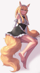 Rule 34 | 1girl, absurdres, alternate costume, animal ear fluff, animal ears, apron, arknights, arm behind back, arm support, bare legs, bare shoulders, barefoot, black dress, blemishine (arknights), blonde hair, blush, breasts, closed mouth, dress, elbow gloves, enmaided, frilled dress, frills, full body, gloves, highres, horse ears, horse tail, large breasts, long hair, looking at viewer, maid, maid headdress, medium breasts, smile, solo, tail, very long hair, waist apron, white apron, white gloves, yamauchi (conan-comy), yellow eyes