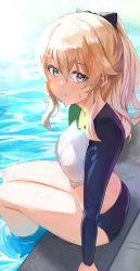 Rule 34 | 1girl, ass, bare legs, blonde hair, blue eyes, blush, derby (dabidabi), genshin impact, half-closed eyes, highres, jean (genshin impact), long sleeves, looking at viewer, one-piece swimsuit, open mouth, parted lips, partially submerged, ponytail, sitting, solo, swimsuit, water, wet