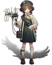Rule 34 | 1girl, badge, belt, bird, black belt, blue headwear, blush, brown footwear, brown hair, dress, eagle, eagle (reverse:1999), full body, girl scout, green dress, hand up, highres, holding, holding photo, jacket, jewelry, long sleeves, looking at viewer, neckerchief, necklace, official art, open mouth, photo (object), pocket, pocket watch, reverse:1999, sash, shoes, short hair, sidelocks, socks, solo, standing, tachi-e, third-party source, transparent background, watch, white jacket, white socks, yellow neckerchief