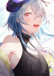 Rule 34 | 1boy, :d, arknights, armpit peek, bare shoulders, black collar, black shirt, blue hair, blue hat, collar, collarbone, commentary request, crossed bangs, eyes visible through hair, hair between eyes, hat, highres, holding, holding umbrella, infection monitor (arknights), looking at viewer, male focus, mizuki (arknights), open mouth, panon 14, pink eyes, shirt, short hair with long locks, sleeveless, sleeveless shirt, smile, solo, teeth, transparent, transparent umbrella, turtleneck, umbrella, upper body, upper teeth only, water drop, wet, wet hair