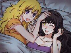 Rule 34 | 2girls, animal ears, bare arms, bed, black hair, blake belladonna, blonde hair, blush, breasts, cat ears, cleavage, fang, hand in own hair, hand on another&#039;s head, happy, headpat, kio rojine, long hair, looking at another, multiple girls, on bed, one eye closed, open mouth, orange shirt, pillow, purple eyes, purple top, rwby, shirt, smile, sweatdrop, t-shirt, very long hair, yang xiao long, yellow eyes