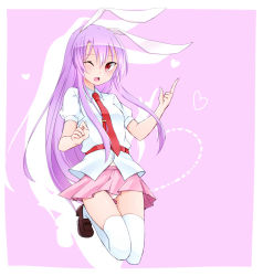 Rule 34 | 1girl, animal ears, belt, check commentary, commentary request, heart, long hair, looking at viewer, necktie, one eye closed, open mouth, panties, pantyshot, pink background, pink hair, puffy sleeves, rabbit ears, red eyes, red necktie, reisen udongein inaba, shirt, short sleeves, skirt, solo, thighhighs, touhou, underwear, upskirt, very long hair, white panties, white thighhighs, wink, yukina (masyumaro610), zettai ryouiki