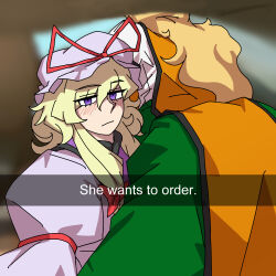 2girls absurdres annoyed blonde_hair blush dress green_skirt hair_ribbon hat he_wants_to_order_(meme) highres long_hair looking_at_viewer matara_okina meme mob_cap multiple_girls okinanocanvas orange_tabard purple_eyes purple_tabard ribbon selfie shirt skirt tabard touhou white_dress white_shirt yakumo_yukari