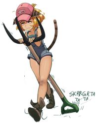 Rule 34 | 1girl, animal ears, ankle boots, bad id, bad pixiv id, barncat (idontknowshot), baseball cap, boots, breasts, cat ears, cat tail, clothed masturbation, commentary, commission, crotch rub, dirty, english commentary, fang, female masturbation, full body, hat, highres, holding, holding pitchfork, light brown hair, masturbation, masturbation through clothes, original, overall shorts, overalls, pitchfork, polyle, pussy juice, shoes, short hair, small breasts, solo, sweatdrop, tail, tan, tanline, thick eyebrows, uncommon stimulation, untied footwear, walking