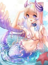 Rule 34 | 1girl, :d, artist request, blue eyes, breasts, cleavage, fins, fish tail, genshin impact, hand up, highres, long hair, mermaid, monster girl, multicolored hair, navel, open mouth, partially submerged, pink hair, sangonomiya kokomi, signature, smile, starfish bikini, tail, two-tone hair, water