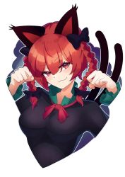 Rule 34 | 1girl, :3, animal ears, black bow, blush, bow, braid, breasts, cat ears, dress, garasuno, hair bow, kaenbyou rin, large breasts, long sleeves, looking at viewer, nekomata, paw pose, red eyes, red hair, red neckwear, smile, solo, touhou, twin braids, twintails, upper body