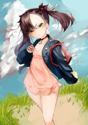 Rule 34 | 1girl, asymmetrical bangs, backpack, bag, black choker, black jacket, blue sky, blush, choker, closed mouth, cloud, creatures (company), day, dress, flat chest, floating hair, game freak, grass, green eyes, hair ribbon, highres, holding, holding poke ball, jacket, long hair, looking at viewer, malimo malimo, marnie (pokemon), nintendo, no panties, outdoors, pendant choker, pink dress, poke ball, poke ball (basic), pokemon, pokemon swsh, red ribbon, ribbon, short dress, sky, solo, thighs, twintails, two side up, undercut, v-shaped eyebrows