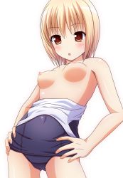 Rule 34 | 1girl, blonde hair, blush, breasts, brown eyes, clothes pull, hands on own hips, ki (kk-sk-ray), nipples, one-piece swimsuit, one-piece swimsuit pull, open mouth, original, short hair, simple background, solo, swimsuit, topless, white background