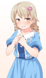 Rule 34 | 1girl, @ @, bad id, bad pixiv id, blonde hair, blue dress, brown eyes, center frills, collarbone, cowboy shot, dress, drill hair, earrings, embarrassed, fidgeting, flying sweatdrops, frilled dress, frills, gradient background, hair ornament, hairclip, idolmaster, idolmaster cinderella girls, index fingers together, jewelry, long hair, looking at viewer, morikubo nono, parted lips, pink background, puffy short sleeves, puffy sleeves, short sleeves, solo, stud earrings, sweat, uccow