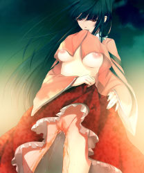 Rule 34 | 1girl, bad id, bad pixiv id, black hair, breasts, censored, clothes lift, female focus, houraisan kaguya, mouth hold, no panties, pee, peeing, pussy, pussy juice, shirt lift, skirt, skirt lift, solo, touhou, yoshimune (b12f)