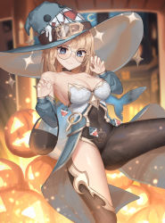 Rule 34 | 1girl, absurdres, adapted costume, blue hat, blush, bodystocking, breasts, bucket, claw pose, cleavage, cosplay, dayshiart, fins, fish tail, gawr gura, gawr gura (cosplay), glasses, hat, highres, hololive, hololive english, jack-o&#039;-lantern, medium breasts, round eyewear, shark tail, smile, solo, tail, v-shaped eyebrows, virtual youtuber, watson amelia, witch hat