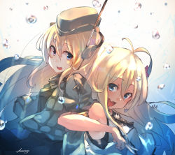 Rule 34 | 2girls, :d, ahoge, air bubble, bad id, bad twitter id, blonde hair, blue eyes, blush, bubble, commentary request, crop top, cropped jacket, dual persona, flower, garrison cap, hair flower, hair ornament, hat, headgear, highres, kantai collection, long hair, long sleeves, looking at viewer, multiple girls, nontraditional school swimsuit, one-piece swimsuit, one-piece tan, open mouth, puffy long sleeves, puffy sleeves, ro-500 (kancolle), sailor collar, school swimsuit, smile, submerged, sunday aki, swimsuit, swimsuit under clothes, tan, tanline, u-511 (kancolle), underwater