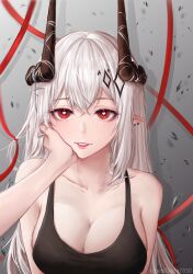 Rule 34 | 1girl, 1other, absurdres, arknights, bare shoulders, black tank top, breasts, bright pupils, cleavage, commentary, grin, heart, heart-shaped pupils, highres, horns, large breasts, long hair, looking at viewer, mudrock (arknights), parted lips, pink lips, red eyes, rossweisserita3, smile, solo focus, symbol-shaped pupils, tank top, upper body, very long hair, white hair, white pupils