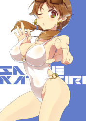 Rule 34 | 10s, 1girl, breasts, brown eyes, brown hair, casual one-piece swimsuit, cleavage, earrings, eyewear on head, foreshortening, highleg, highleg swimsuit, idolmaster, idolmaster cinderella girls, jewelry, katagiri sanae, large breasts, long hair, o3o, one-piece swimsuit, one eye closed, pochi (pochi-goya), pointing, short twintails, solo, sunglasses, swimsuit, twintails, wink