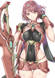 Rule 34 | 1girl, absurdres, aegis sword (xenoblade), black gloves, breasts, chest jewel, earrings, fingerless gloves, gem, gloves, highres, jewelry, large breasts, lh 2c0, pyra (xenoblade), red eyes, red hair, short hair, short shorts, shorts, solo, swept bangs, sword, thighhighs, tiara, weapon, xenoblade chronicles (series), xenoblade chronicles 2