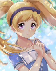 Rule 34 | 1girl, blonde hair, blue shirt, blurry, blurry background, blush, bow, bow hairband, closed mouth, collarbone, daimanzoku!, dappled sunlight, depth of field, emily stewart, falling petals, floating hair, hair bow, hairband, highres, idolmaster, idolmaster million live!, long hair, looking at viewer, petals, purple bow, purple eyes, purple hairband, shirt, short sleeves, smile, solo, summer uniform, summer uniform series (idolmaster), sunlight, swept bangs, twintails, upper body