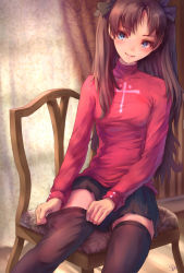 Rule 34 | 1girl, adjusting clothes, adjusting legwear, black hair, black thighhighs, blue eyes, chair, fate/stay night, fate (series), highres, jay xu, long hair, long sleeves, revision, shirt, sitting, skirt, solo, thighhighs, thighhighs pull, tohsaka rin, twintails, two side up, zettai ryouiki