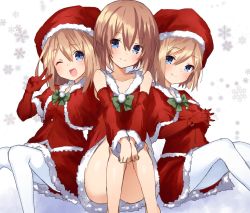 Rule 34 | 3girls, ;d, bare legs, bare shoulders, blanc (neptunia), blue eyes, blush, brown hair, buran buta, capelet, christmas, commentary request, convenient leg, detached sleeves, dress, elbow gloves, fur trim, girl sandwich, gloves, green neckwear, hat, highres, interlocked fingers, knees up, long hair, looking at viewer, multiple girls, neptune (series), one eye closed, open mouth, pantyhose, ram (neptunia), red capelet, red dress, rom (neptunia), sandwiched, santa hat, short hair, shoulder-to-shoulder, siblings, sisters, sitting, smile, snowflake background, twins, v, white legwear