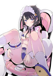 Rule 34 | 1girl, ankle socks, black hair, blue bow, blue bra, blue eyes, blue footwear, blue nails, blue panties, blush, bow, bow legwear, bra, breasts, chestnut mouth, cleavage, commentary request, cuff links, cup, detached collar, dot nose, frilled bra, frills, furrowed brow, knees up, lace, lace-trimmed panties, lace trim, looking at viewer, maid, maid headdress, medium breasts, micro bra, nail polish, navel, on chair, open mouth, original, panties, reclining, saucer, shoes, short hair, simple background, sitting, socks, solo, spread legs, string bra, striped bra, striped clothes, striped panties, sugar cube, swept bangs, tajima ryuushi, teacup, teaspoon, thong, underboob, underwear, vertical-striped bra, vertical-striped clothes, vertical-striped panties, wavy hair, white background, white socks, wing collar, wrist cuffs