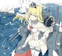 Rule 34 | 1girl, bare shoulders, blonde hair, braid, crown, dress, explosion, flower, french braid, hair between eyes, jewelry, kantai collection, long hair, long sleeves, looking at viewer, machinery, mini crown, necklace, ninimo nimo, off-shoulder dress, off shoulder, red flower, red ribbon, red rose, ribbon, rose, solo, thighhighs, turret, warspite (kancolle), water, weapon, white dress, white thighhighs