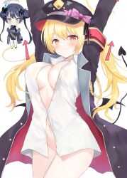 Rule 34 | 2girls, armband, arms up, black coat, black dress, black hair, black hat, blonde hair, blue archive, breasts, chibi, china dress, chinese clothes, closed mouth, coat, double bun, dress, grey halo, hair bun, halo, hat, highres, ibuki (blue archive), kisaki (blue archive), large breasts, long hair, long sleeves, looking at viewer, multiple girls, naked shirt, navel, nironiro (qlcfud), no panties, open clothes, open coat, red armband, shirt, simple background, smile, twintails, white background, yellow eyes, yellow halo