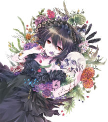 Rule 34 | 1girl, b.a.d., bad id, bad pixiv id, bare shoulders, black dress, black feathers, black hair, black nails, bonnet, breasts, bug, butterfly, collarbone, dress, feathers, flower, flower in mouth, food, fruit, goth fashion, insect, key, kona (canaria), leaf, lying, mayuzumi azaka, moth, mouth hold, nail polish, on back, petals, pomegranate, purple flower, purple rose, rose, short hair, skull, small breasts, smile, solo, white background