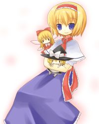 Rule 34 | 1girl, alice margatroid, blonde hair, blue dress, blue eyes, blush, capelet, character doll, closed mouth, crossed arms, doll, dress, fairy wings, female focus, flying, frills, looking at viewer, sitting, smile, solo, touhou, wings, yuzuki (yuduame)