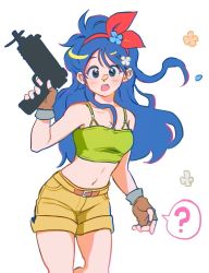 Rule 34 | 1girl, ?, arm at side, bare arms, bare shoulders, belt, blue eyes, blue flower, blue hair, blush stickers, breasts, brown gloves, cleavage, contrapposto, cowboy shot, crop top, dragon ball, dragon ball (classic), eyelashes, feet up, fingerless gloves, floating hair, flower, gloves, gun, haha (haha db), hair flower, hair ornament, hair ribbon, hand up, handgun, highres, holding, holding gun, holding weapon, long hair, lunch (dragon ball), lunch (good) (dragon ball), midriff, navel, open mouth, orange flower, petal on nose, petals, red ribbon, ribbon, round teeth, short shorts, shorts, simple background, skorpion vz. 61, small breasts, solo, spoken question mark, submachine gun, surprised, tareme, teeth, thighs, upper teeth only, weapon, white background, white flower, wide-eyed, yellow belt, yellow shorts