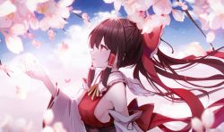 Rule 34 | 1girl, back bow, bare shoulders, belt, blue sky, blurry, bow, bowtie, branch, breasts, brown belt, brown hair, cherry blossoms, cloud, cloudy sky, collared dress, detached sleeves, dress, flower, frills, hair between eyes, hair ornament, hair tubes, hakurei reimu, hand up, highres, long hair, long sleeves, looking up, medium breasts, nontraditional miko, open mouth, pink flower, ponytail, red bow, red dress, red eyes, sky, solo, touhou, tree, usagi (786113654), wide sleeves, yellow bow, yellow bowtie