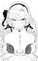 Rule 34 | 1boy, 1girl, absurdres, black gloves, blush, breasts, breasts squeezed together, closed mouth, drill hair, eyes visible through hair, gloves, greyscale, hair ribbon, hetero, highres, hyakumantenbara salome, kaiman garupan, large breasts, long hair, looking at viewer, monochrome, nijisanji, paizuri, ribbon, ringlets, smile, solo focus, sweat, upper body, virtual youtuber, white background
