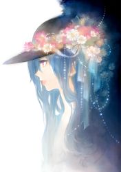 Rule 34 | 1girl, blue hair, bonnou-s-rice, daisy, face, female focus, flower, hat, hinanawi tenshi, lips, long hair, nude, parted lips, profile, red eyes, solo, touhou, very long hair