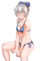 Rule 34 | 1girl, akira68287737, between legs, bikini, blue bikini, blue bow, blue ribbon, blush, bow, braid, braided ponytail, breasts, cleavage, collarbone, full metal panic!, grey eyes, hair between eyes, hair bow, hand between legs, invisible chair, long hair, looking at viewer, navel, parted lips, ribbon, shiny skin, side-tie bikini bottom, silver hair, simple background, single braid, sitting, small breasts, smile, solo, swimsuit, teletha testarossa, white background