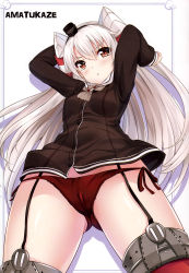 Rule 34 | &gt;:&lt;, 10s, 1girl, :&lt;, absurdres, amatsukaze (kancolle), arms up, brown eyes, character name, closed mouth, grey hair, hat, highres, hinata sora, kantai collection, kunreishiki, long sleeves, mini hat, panties, red panties, red thighhighs, romaji text, see-through, side-tie panties, suspenders, thighhighs, twintails, two side up, typo, underwear, v-shaped eyebrows