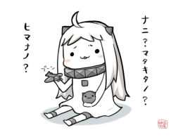 Rule 34 | 10s, 1girl, :3, abyssal ship, ahoge, aircraft, airplane, bad id, bad pixiv id, blush stickers, chibi, horns, kantai collection, long hair, looking at viewer, monster, northern ocean princess, pale skin, sitting, solo, traditional media, white hair, yuasan