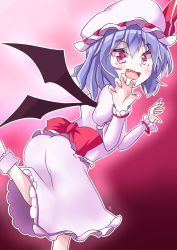 Rule 34 | &gt;:d, 1girl, :d, ass, bat wings, blouse, blue hair, blush, bobby socks, claw pose, fang, from behind, hat, hat ribbon, juliet sleeves, keyaki chimaki, long sleeves, looking at viewer, looking back, mob cap, open mouth, pale skin, puffy sleeves, red eyes, remilia scarlet, ribbon, running, shirt, short hair, skirt, skirt set, smile, socks, solo, touhou, tsurime, v-shaped eyebrows, wings