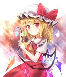 Rule 34 | 1girl, ascot, blonde hair, blush, bow, closed mouth, cowboy shot, crystal, flandre scarlet, frilled shirt collar, frills, from side, hat, hat bow, looking at viewer, looking to the side, minust, mob cap, red bow, red eyes, red skirt, red vest, short sleeves, side ponytail, skirt, slit pupils, solo, touhou, vest, wings