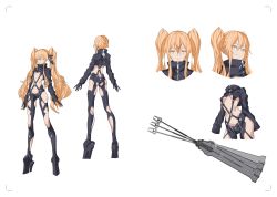 Rule 34 | 1girl, absurdres, ass, bad id, bad twitter id, black gloves, black ribbon, black thighhighs, blonde hair, breasts, cancell, character sheet, closed mouth, full body, gloves, hair ornament, hair ribbon, high heels, highres, impossible clothes, long hair, looking at viewer, mecha musume, medium breasts, multiple views, navel, open mouth, original, ribbon, science fiction, short hair, smelling, strap, thighhighs, twintails, weapon, yellow eyes