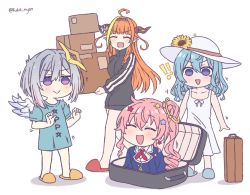 Rule 34 | !, !!, 4girls, ^ ^, ahoge, alternate costume, alternate hairstyle, amane kanata, anemachi, angel wings, aqua hair, bare legs, black jacket, blazer, blonde hair, blue eyes, blue footwear, blue jacket, blue shirt, blush, box, braid, cardboard box, chibi, closed eyes, clothes writing, commentary, dragon wings, dress, drill hair, english commentary, fang, flower, full body, hair between eyes, hair ornament, hairband, halo, hat, hat flower, holding, holding box, hololive, hoshimachi suisei, jacket, kiryu coco, kukie-nyan, long hair, medium hair, multicolored hair, multiple girls, neck ribbon, no tail, open mouth, orange hair, pink hair, pointy ears, purple eyes, red footwear, red neckwear, ribbon, shirt, short hair, siblings, side braid, side drill, side ponytail, sidelocks, silver hair, simple background, sisters, slippers, smile, standing, star (symbol), star hair ornament, streaked hair, suitcase, sun hat, sunflower, surprised, t-shirt, twitter username, two-tone hair, virtual youtuber, walking, white background, white dress, white headwear, wings, yellow footwear