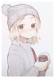 Rule 34 | 1girl, 5saiji, beanie, blonde hair, blue eyes, blush, breath, can, closed mouth, grey background, grey hat, grey sweater, hat, holding, holding can, long sleeves, looking at viewer, original, pom pom (clothes), short hair, simple background, solo, sweater, upper body