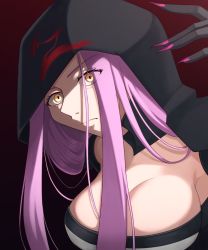 Rule 34 | 1girl, bad id, bad pixiv id, breasts, cape, fate/grand order, fate (series), fingernails, gradient background, hood, hooded cape, large breasts, long fingernails, looking at viewer, medusa (fate), medusa (lancer alter) (fate), nail polish, nikumaki43, purple hair, purple nails, solo, square pupils, yellow eyes