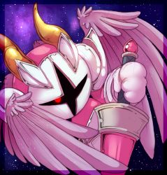 Rule 34 | 1boy, armor, feathers, galacta knight, gloves, horns, kirby (series), kirby super star ultra, lance, male focus, mask, nintendo, polearm, red eyes, solo, tagme, weapon, wings