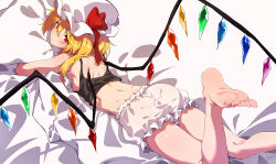 Rule 34 | 1girl, absurdres, ass, barefoot, blonde hair, bloomers, blush, feet, flandre scarlet, hat, highres, long hair, looking at viewer, lying, morinosuke, on stomach, parted lips, red eyes, tank top, toes, touhou, underwear, wings