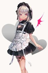 Rule 34 | 1girl, apron, belt, black dress, breasts, dress, frilled apron, frills, heart, highres, looking at viewer, maid, maid apron, maid headdress, o-ring, o-ring belt, red eyes, small breasts, solo, standing, tenobe, thigh strap, virtual youtuber, waist apron, white apron, white background, white hair